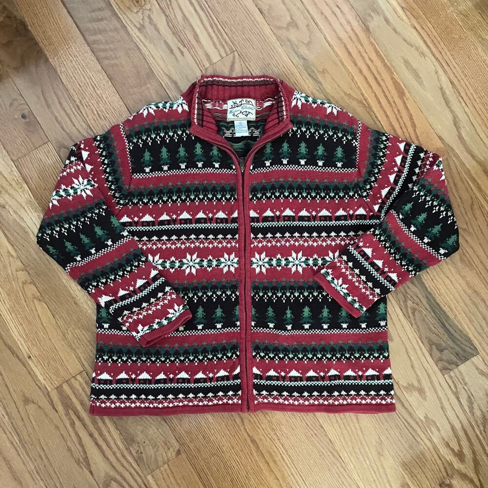 Heirloom Collectibles Red Fair Isle Christmas Tree Zip Cardigan Sweater Womens L